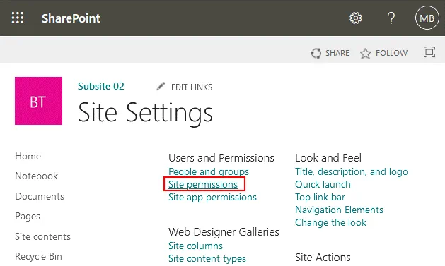 The document management system SharePoint – site settings and site permissions
