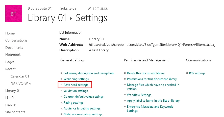 Using SharePoint management tools to configure advanced settings for a library