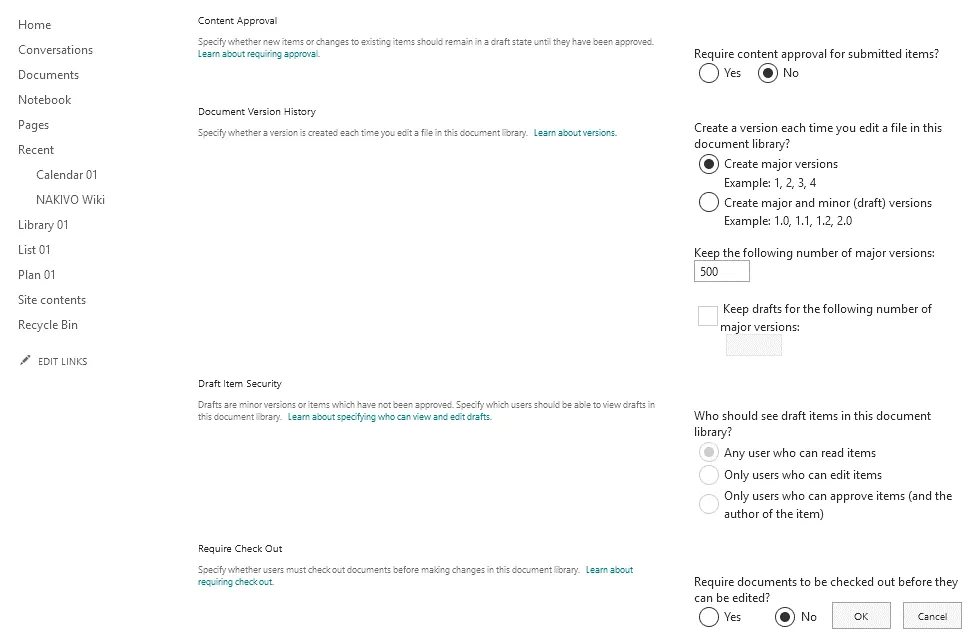 Versioning settings in SharePoint Online