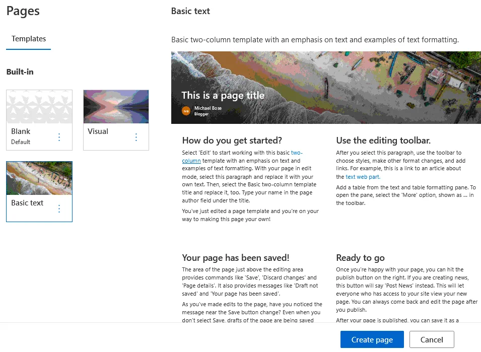 Creating a page for a team site