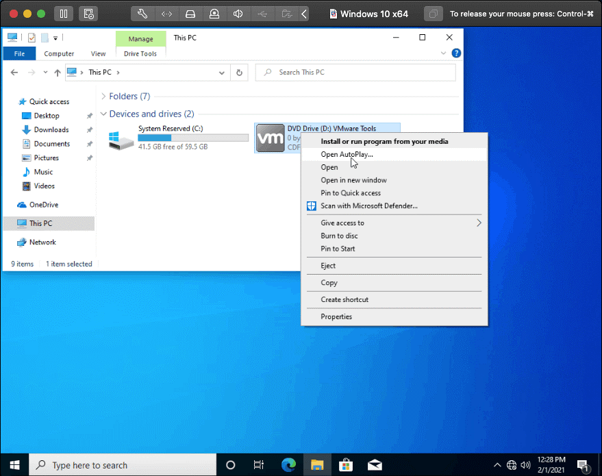 Running the installer of VMware Tools in Windows 10 – a VM guest OS