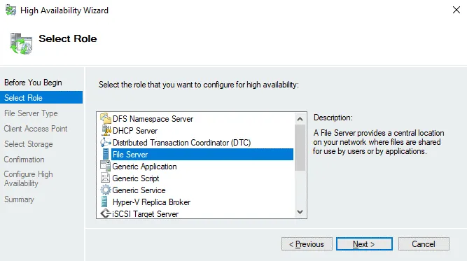 Selecting File Server To Set Up A File Server With High Availability Support