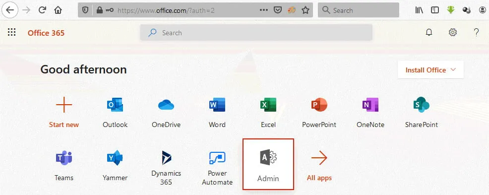 Abrir el centro de administración de Office 365 en un navegador web