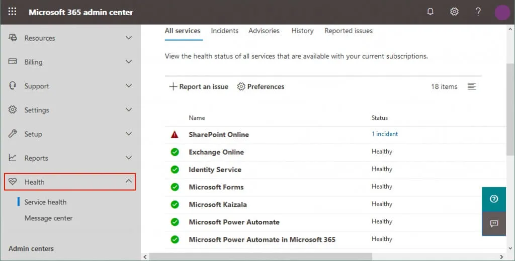 Ver el estado de salud de todos los servicios en el centro de administración de Office 365