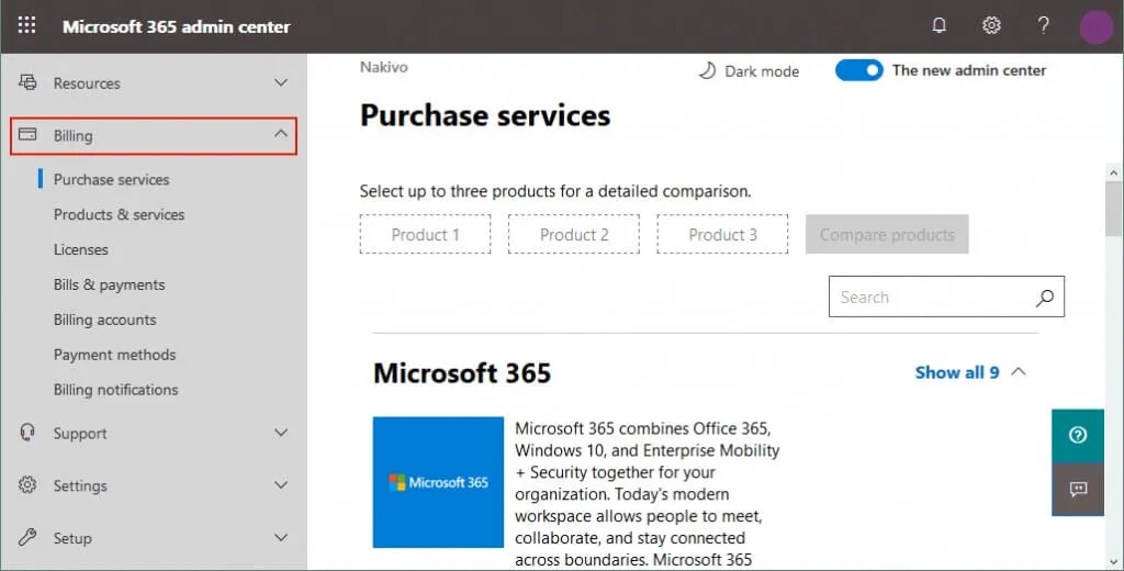 Puede adquirir servicios adicionales en el centro de administración de Microsoft 365