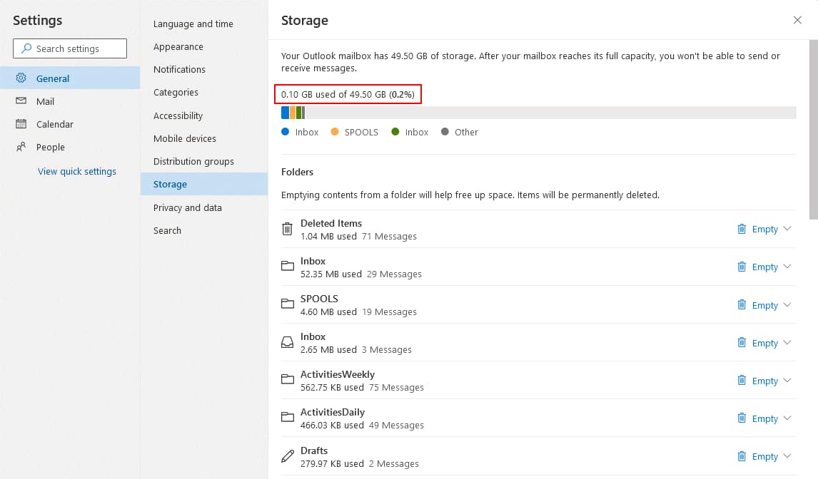 Checking Office 365 storage limits for a mailbox in Outlook Online