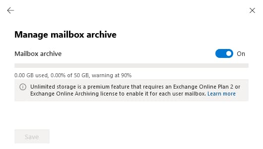 The mailbox archive is enabled