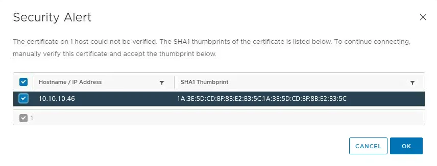 You can see a certificate alert when adding a host to an ESXi cluster