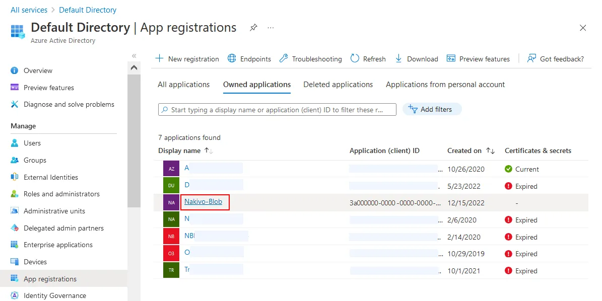 Se registra una aplicación de backups para hacer backups en el almacenamiento Azure