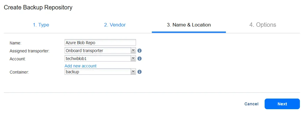 Configurar un nombre y una ubicación para un repositorio de backups en Azure
