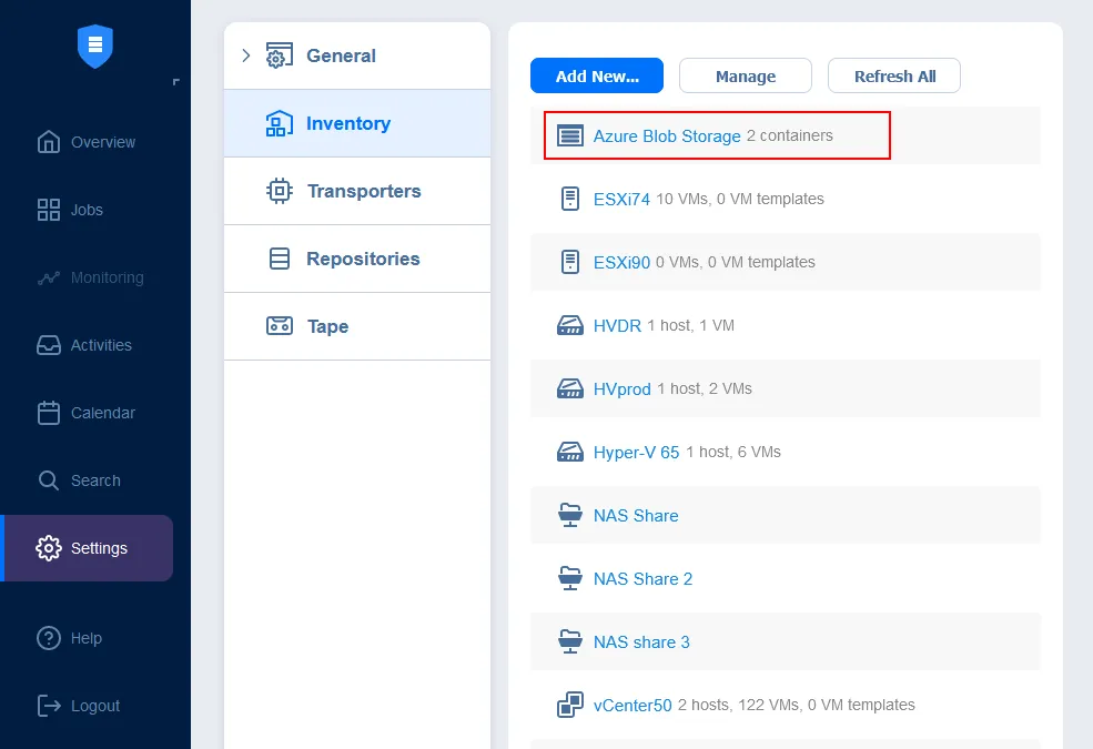 Containers are displayed in the inventory for backup to Azure storage
