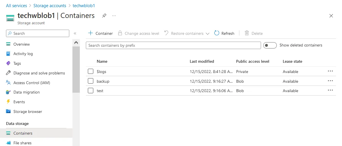 Crear contenedores para backup en Azure Blob Storage