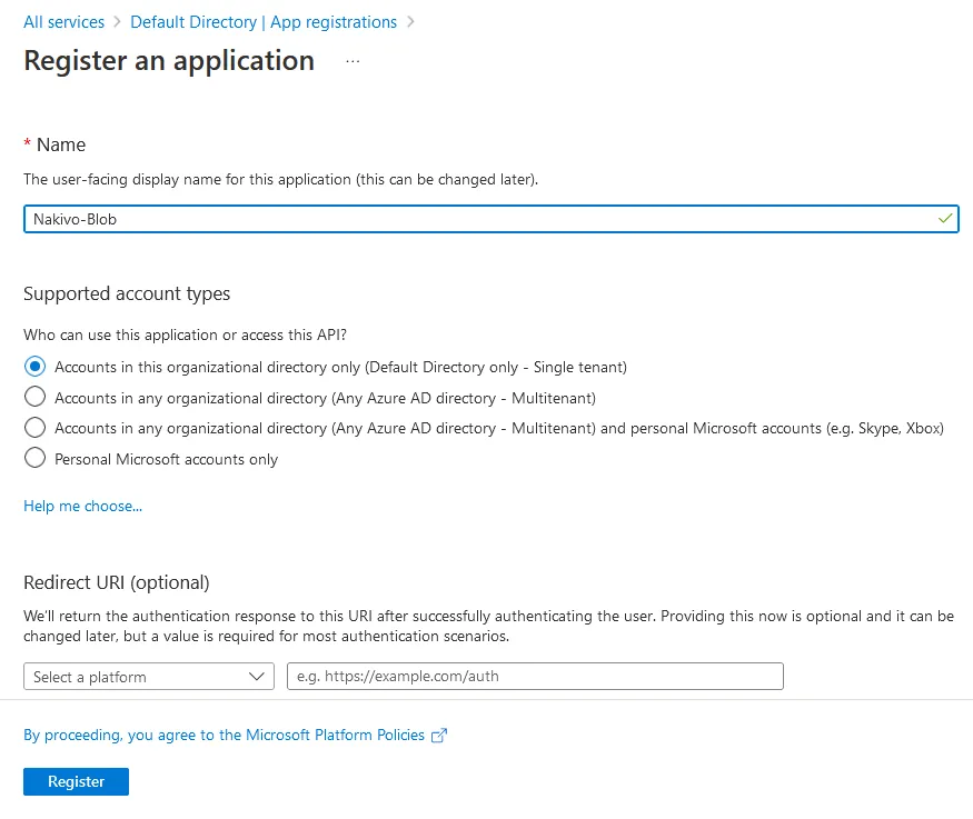 Cómo hacer backup de Azure: registro de una aplicación de backups