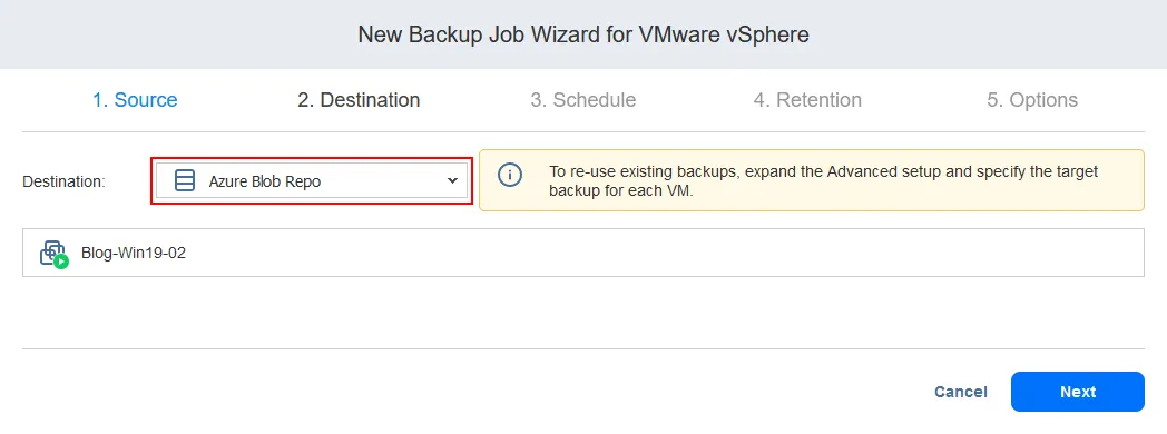 Seleccionar un repositorio de backups ubicado en Azure Blob Storage.