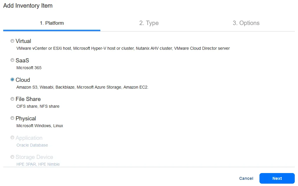 Selección de la nube para hacer backup de en Azure Blob Storage