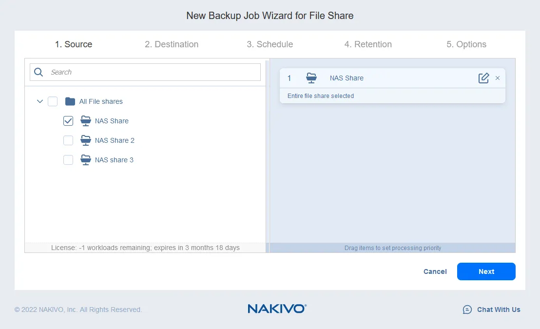 Backing up a NAS file share - selecting a source file share