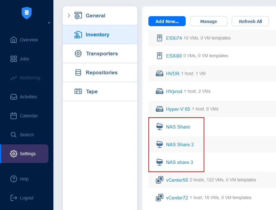 Hacer backup de recursos compartidos NAS después de añadirlos al inventario