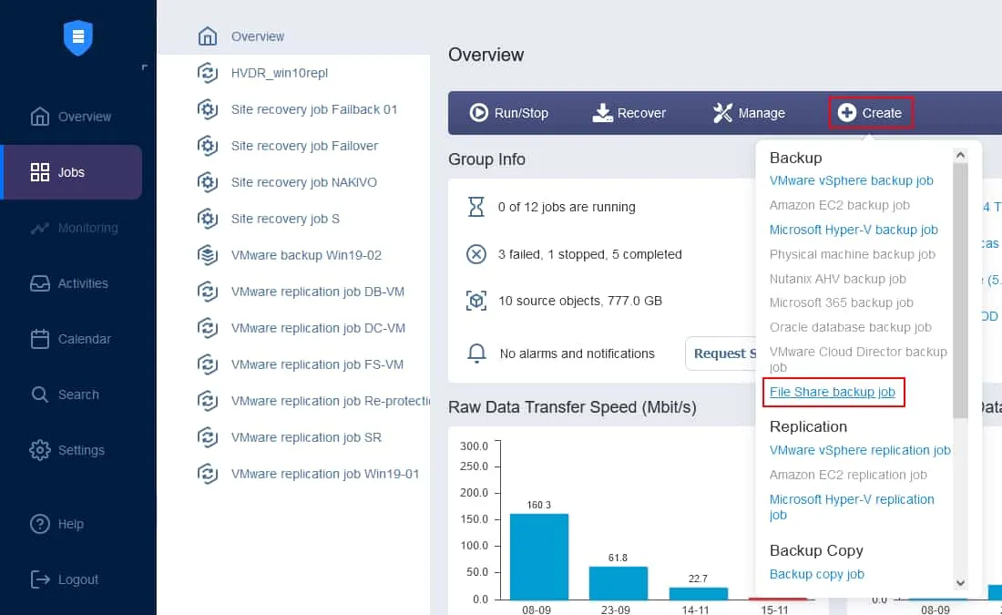 Creating a new file share backup job for NAS storage backup
