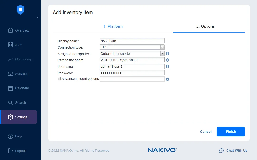 Introducir los parámetros del recurso compartido de archivos para hacer backup de