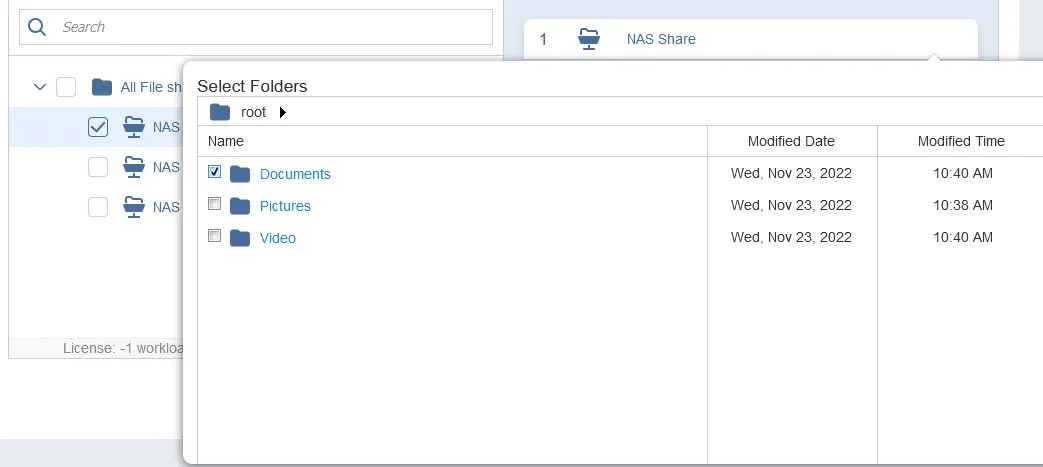 Selecting particular folders in the file share to back up