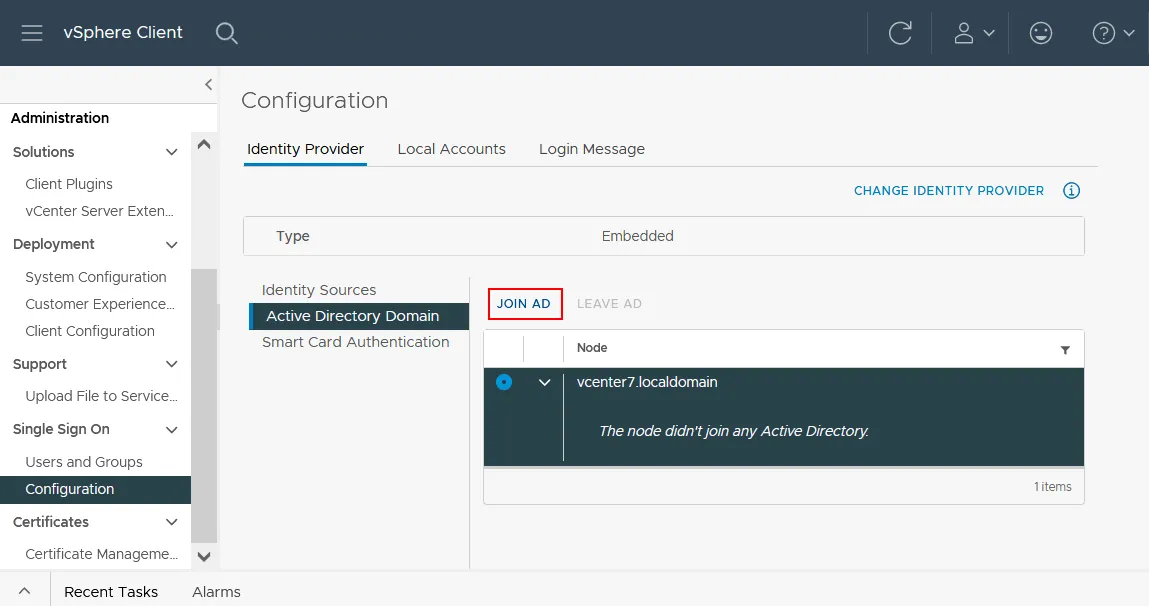 Editing the vCenter SSO domain configuration to join the AD domain
