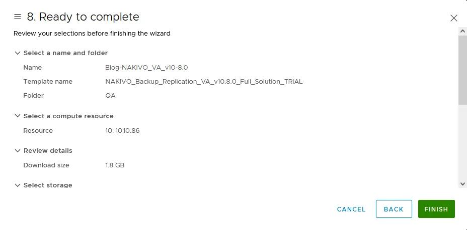 Ready to complete the deployment of the NAKIVO virtual appliance in vSphere