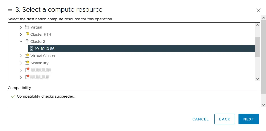 Selecting an ESXi host or cluster where to deploy a virtual appliance