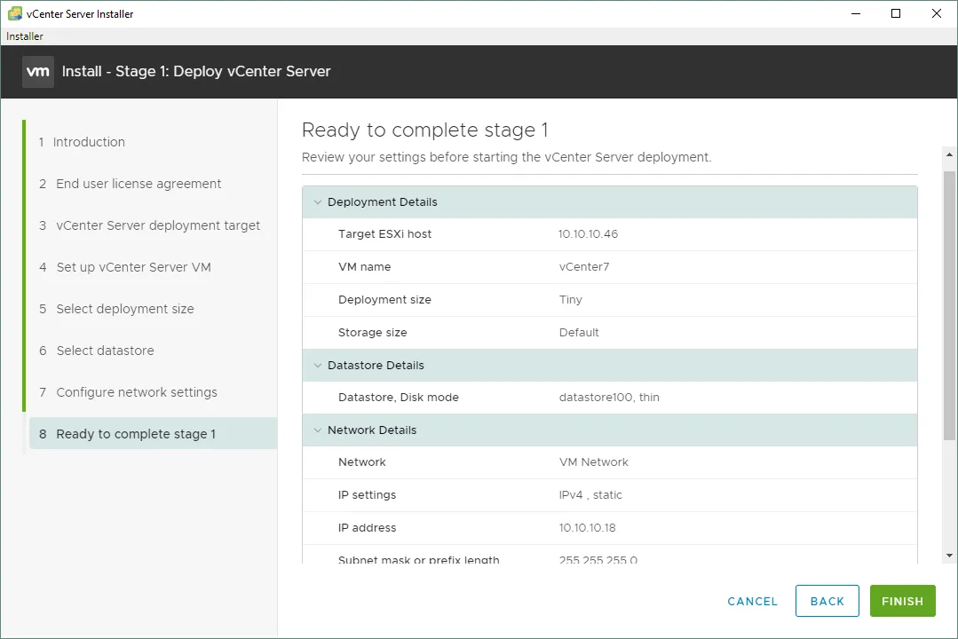 Ready to complete stage 1 of vCenter deployment