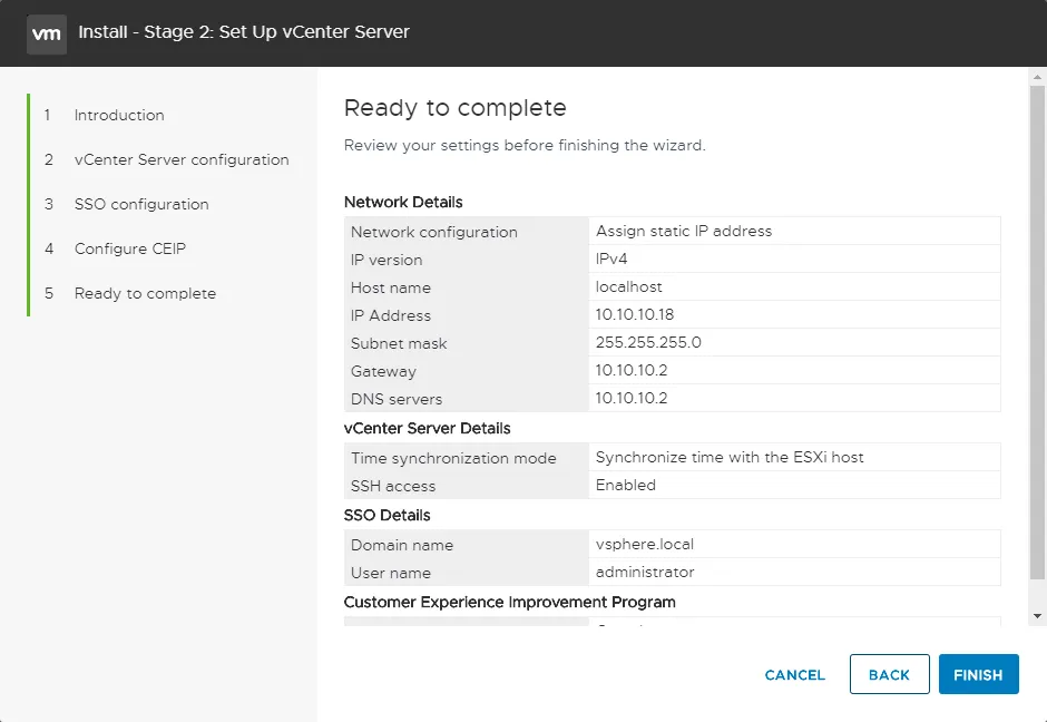 Ready to complete stage 2 of vCenter installation