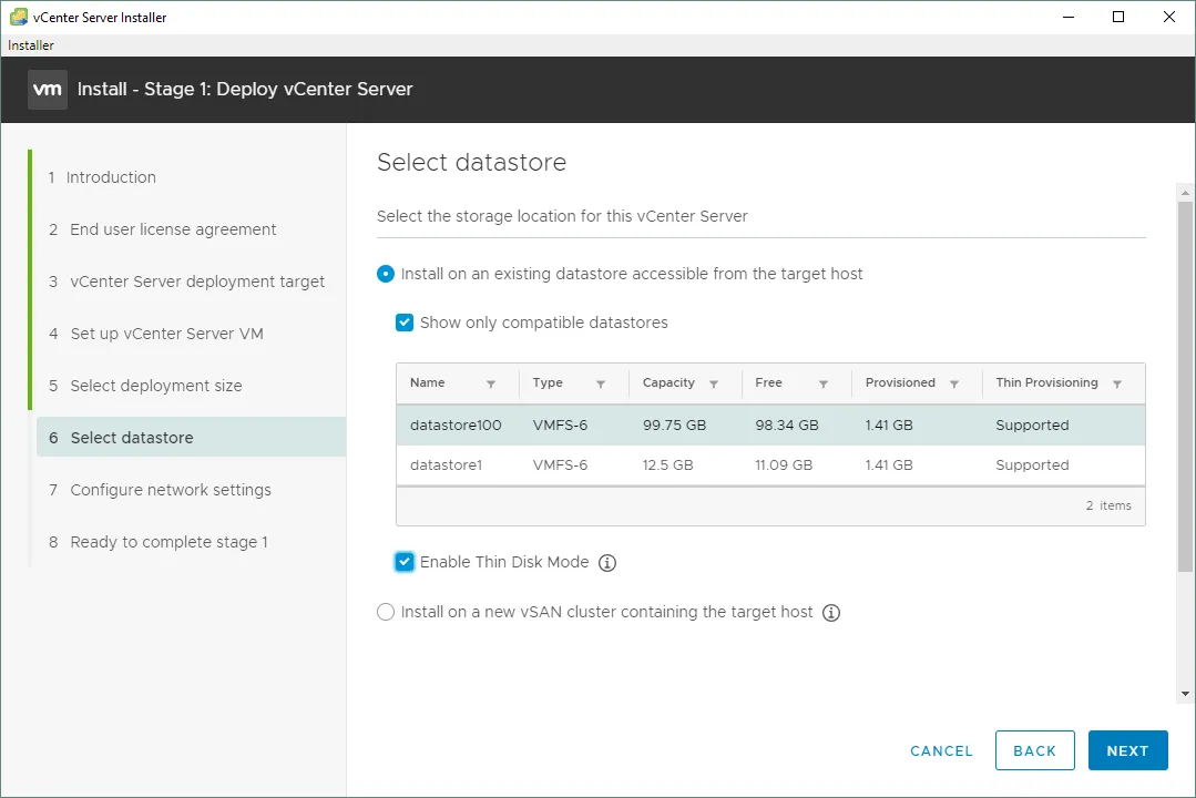 Selecting a datastore where to store vCenter VM files