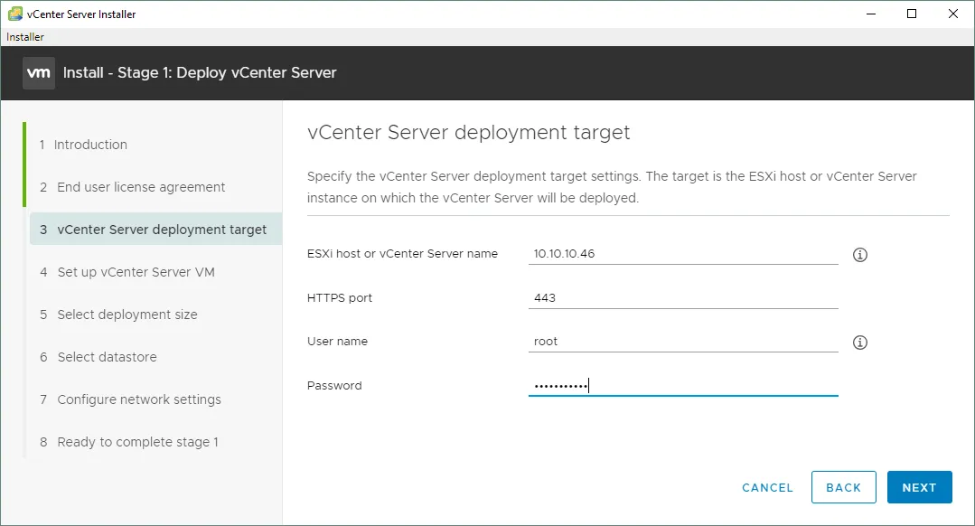 Selecting an ESXi host where to deploy a vCenter virtual machine