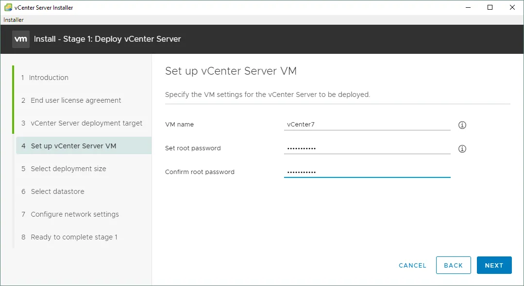 Setting a vCenter VM name and root password for the Photon OS used by VCSA