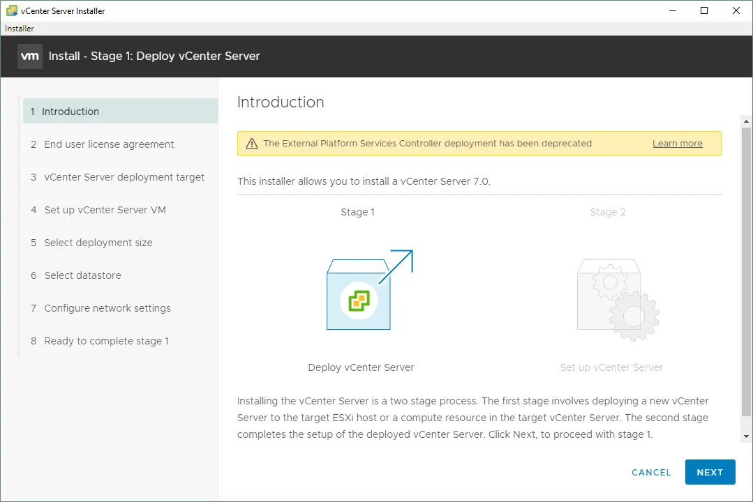Starting stage 1 of VMware vCenter Server installation