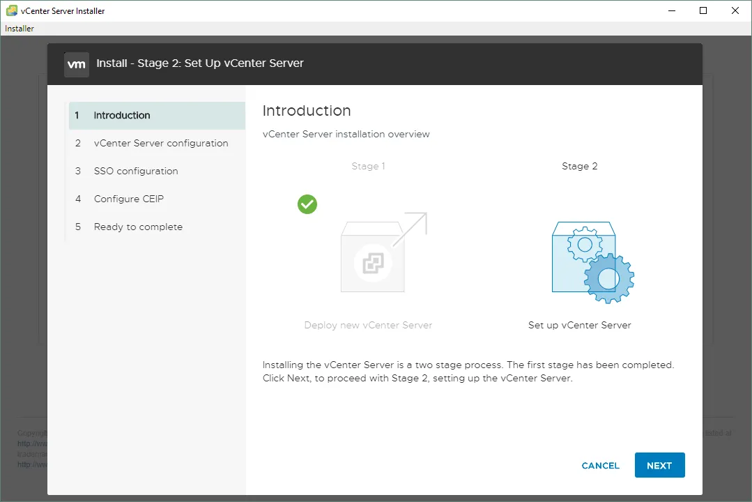 Starting stage 2 of vCenter Server installation