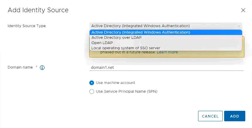 Selecting the identity source type to integrate vCenter with Active Directory