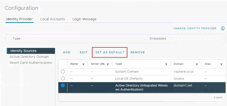 Setting the Active Directory identity source as the default identity in vCenter