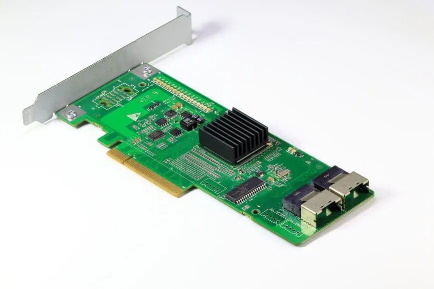 A SAS host bus adapter (PCI-E SAS storage controller) with mini-SAS connectors