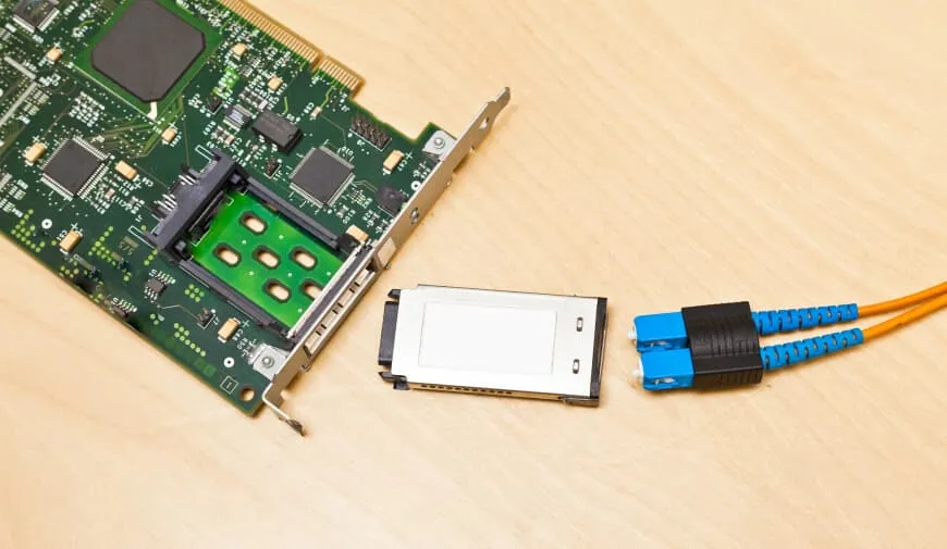 An example of a host bus adapter with SFP to connect optic cables