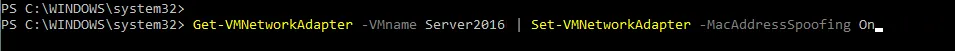 Activación de la suplantación de direcciones MAC para una máquina virtual en 
PowerShell para virtualización anidada de Hyper-V
