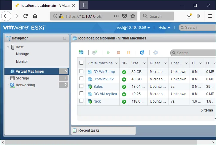 la interfaz web de VMware Host Client para la gestión de ESXi