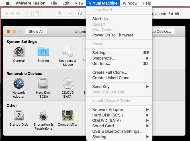 la interfaz de VMware Fusion