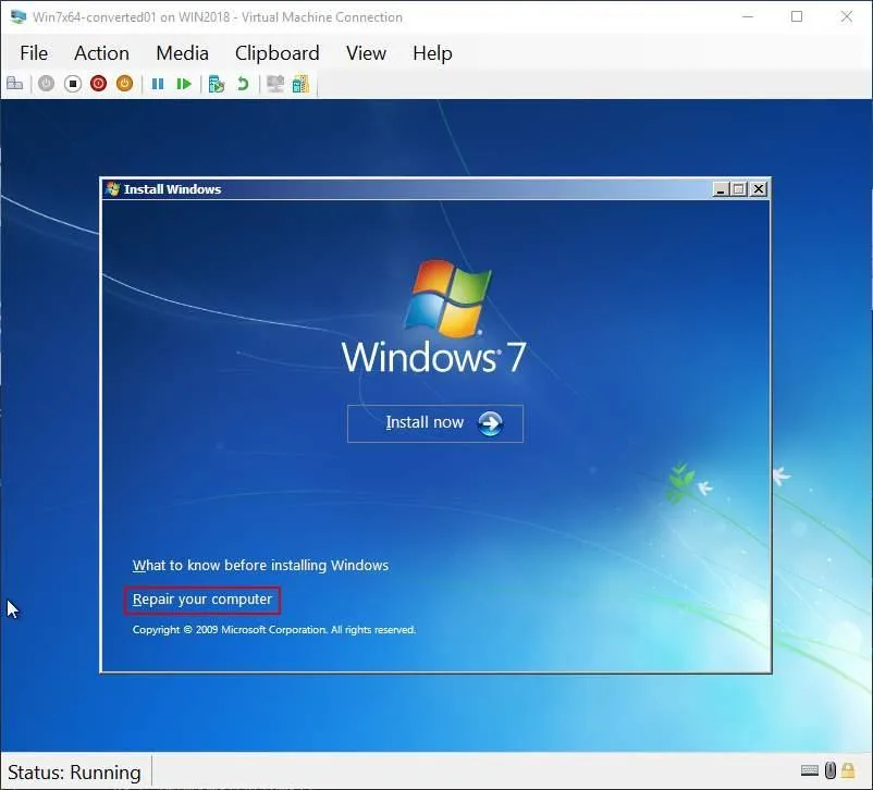 Opening the Windows repair tool from the Windows installation disc