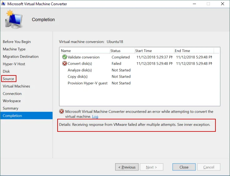 Receiving response from VMware failed after multiple attempts. See inner exception