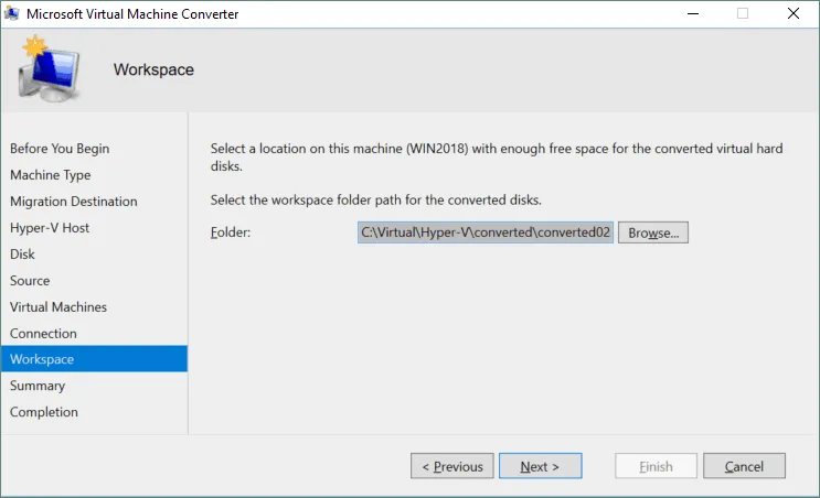 Selecting a folder for temporary files used to convert VMs