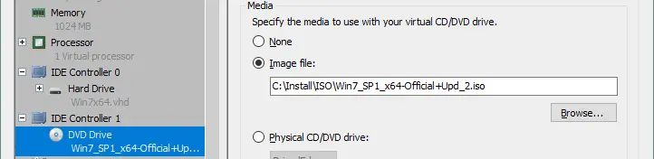 Selecting a Windows installation ISO image file in Hyper-V VM settings