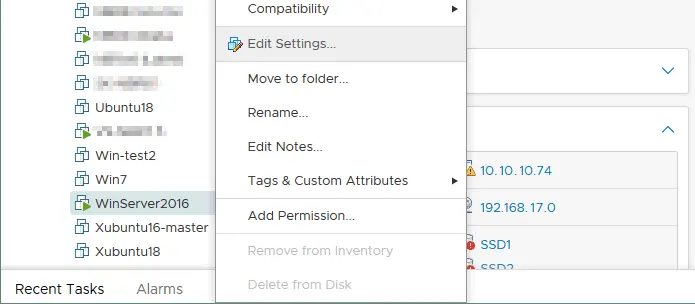 Editing settings of the healthy VM for opening a virtual disk copy of the dead VM