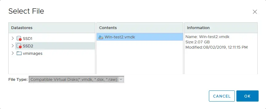 Opening a vmdk file by attaching a virtual disk to the ESXi VM