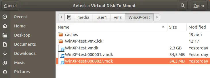 Selecting a vmdk file to mount as a virtual disk on the Linux host