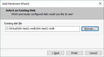 Selecting the VMDK file to add the virtual disk to a VM