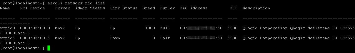 Viewing the list of network adapters installed in an ESXi server